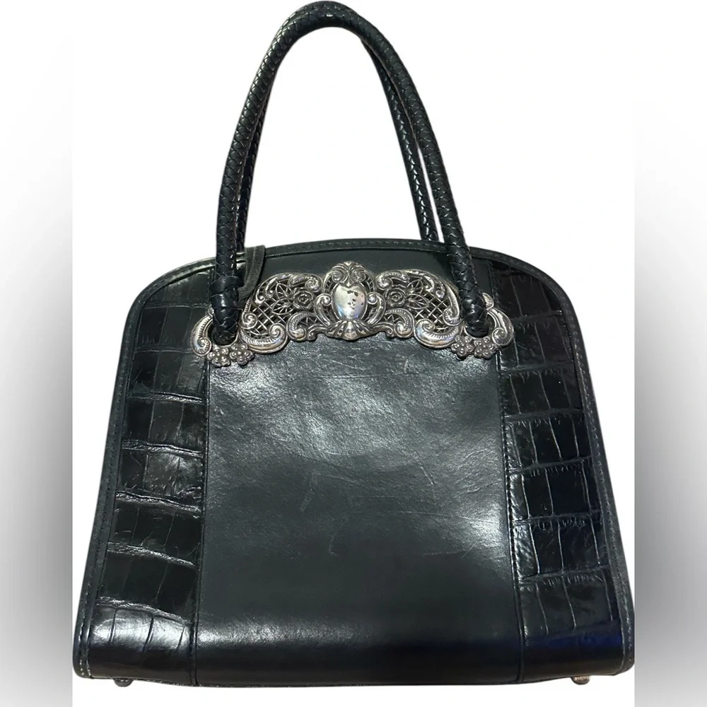 Brighton Black Leather Handbag with Silver Plated Accents EUC